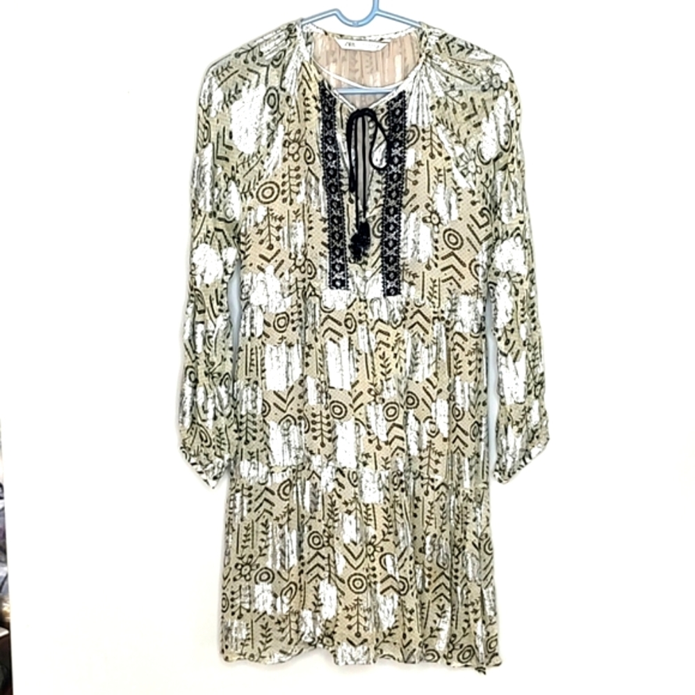 Zara Boho Dress Small Silver Metallic Floral Tiered Long Sleeve